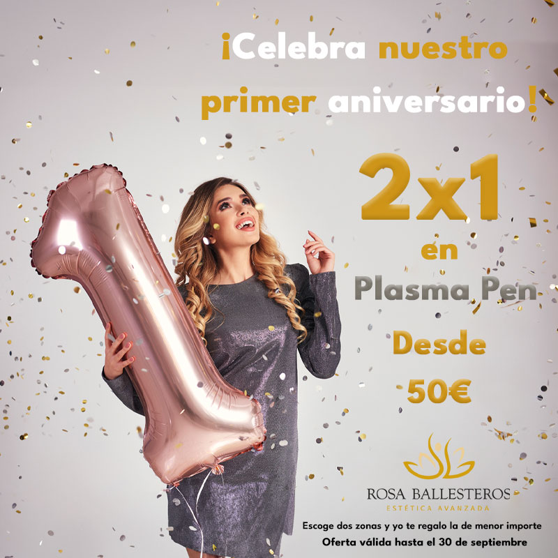 Una mujer sostiene un globo rosa con la forma del número uno y sonríe mientras cae confeti. La imagen promociona una oferta 2x1 en tratamientos de Plasmalifting con Plasmapen (copia) a partir de 50€, válida hasta el 30 de septiembre.